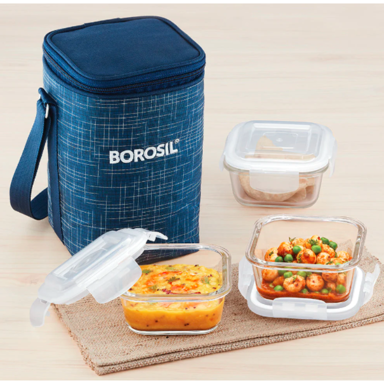 Borosil Indigo Glass Lunch Box Square x 3