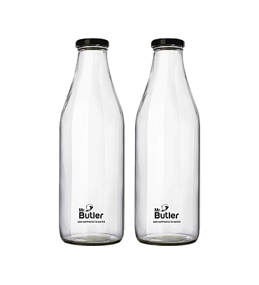 Glass Bottle With Extra Caps, 1 Litre, Pack Of 2, Clear