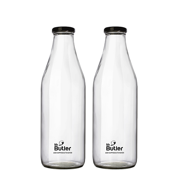 Glass Bottle With Extra Caps, 1 Litre, Pack Of 2, Clear