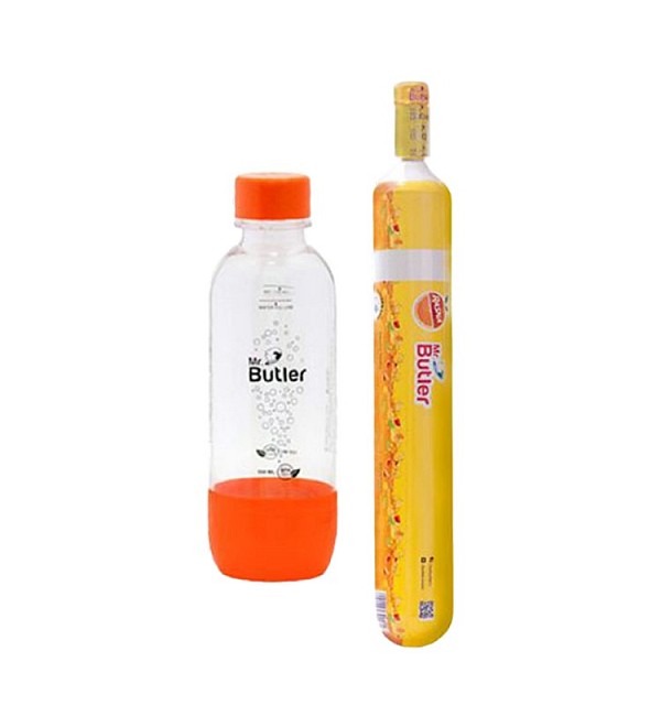 Mr. Butler Soda Maker Accessory Pack - CO2 Gas Cylinder And BPA-Free 500 Ml Orange PET Bottle