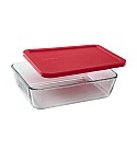 PYREX-PLUS 6CUP/1.42L RECTANGULAR GLASS CONTAINER WITH RED PLASTIC LID